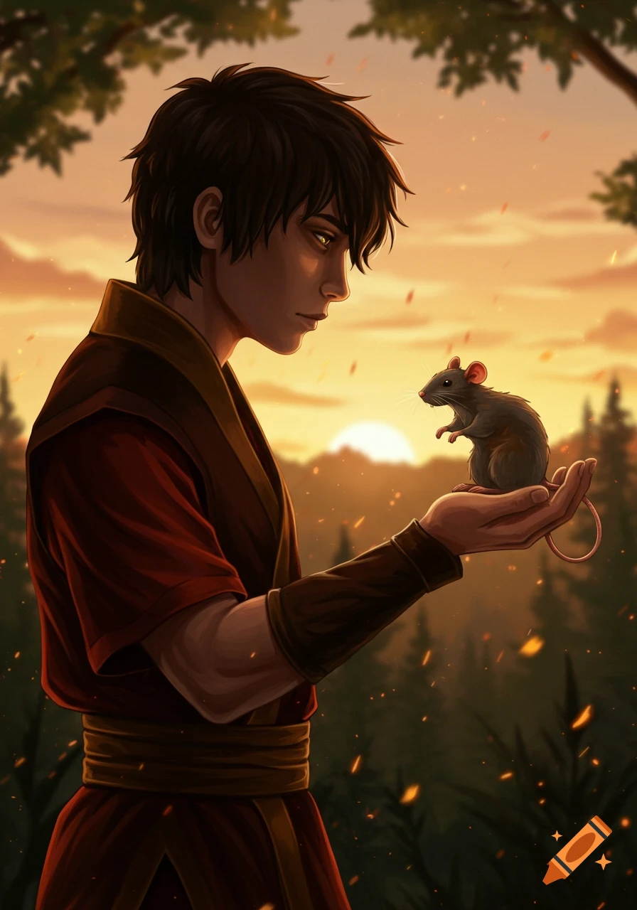 Anime-style illustration of Zuko from ATLA holding a small rat in his hand, silhouetted against a sunset forest background.