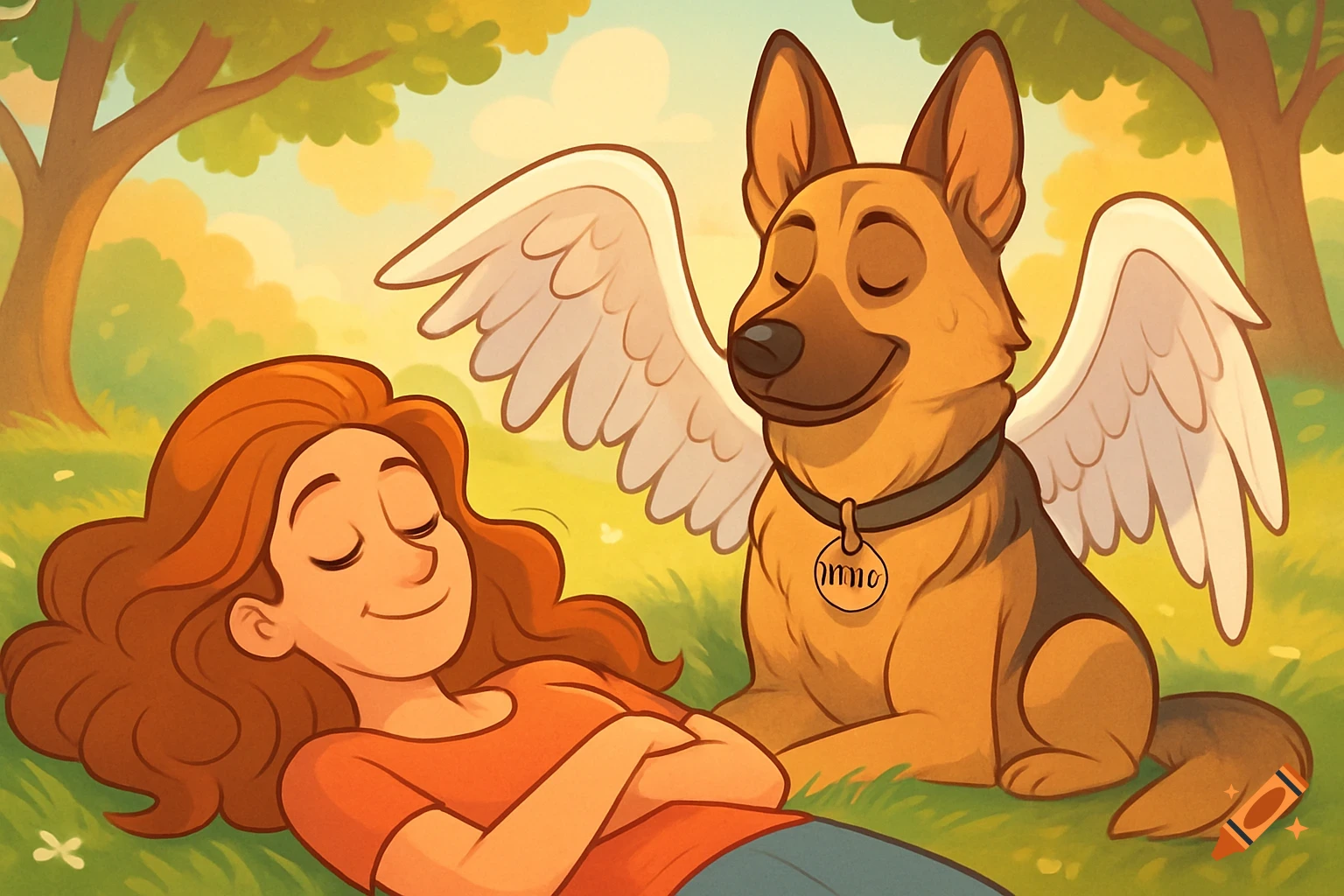 Cartoon woman with red hair lies on grass, smiling, next to a German Shepherd with white angel wings in a sunny park.