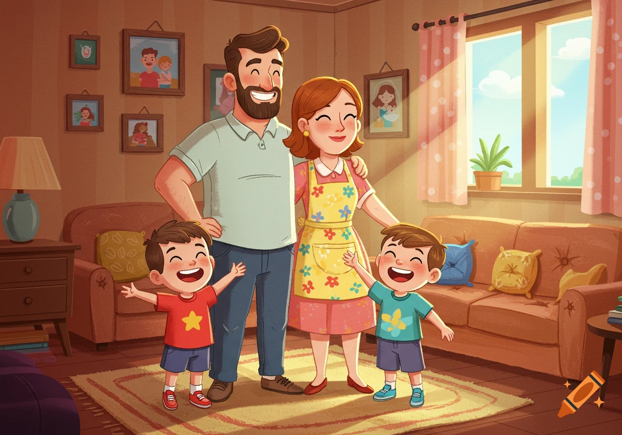 A proud cartoon family of four, including a mother, father, and two young sons, standing happily in their sunlit living room.