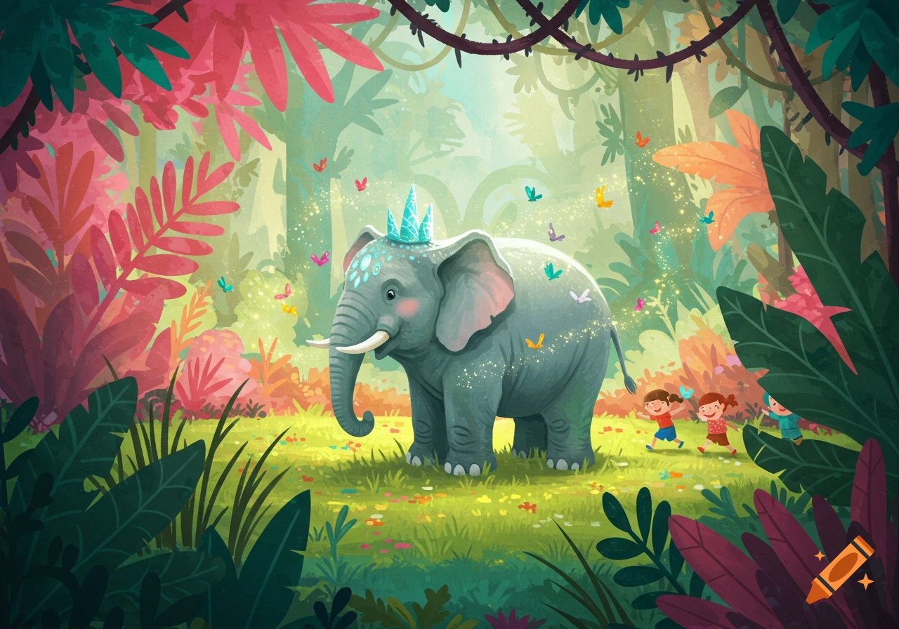 A whimsical children's illustration of an elephant wearing a crown in a lush jungle, surrounded by butterflies, with children playing nearby.