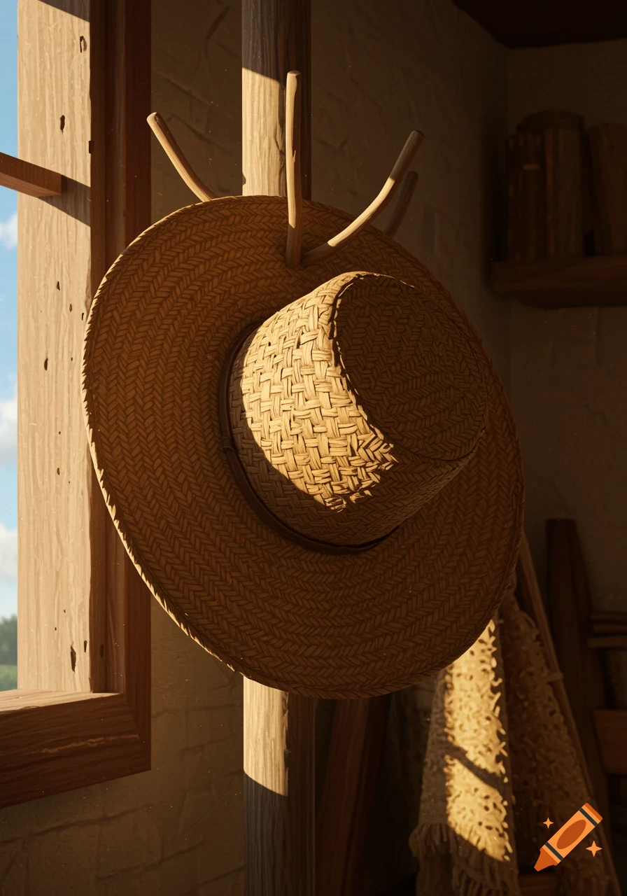 A straw hat hangs on a wooden coat rack, illuminated by sunlight streaming through a window.
