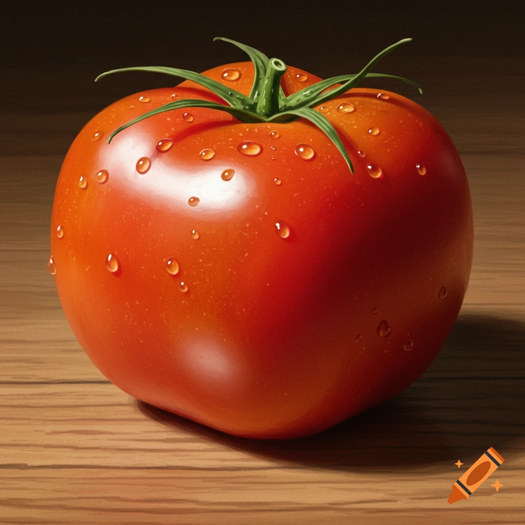 A ripe red tomato covered in water droplets sits on a wooden surface in a dark setting, illuminated by a spotlight.