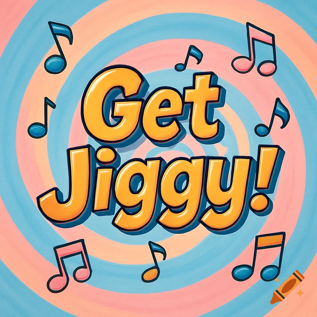 The words "Get Jiggy!" in orange bubble letters on a swirling blue and pink spiral background with floating music notes.