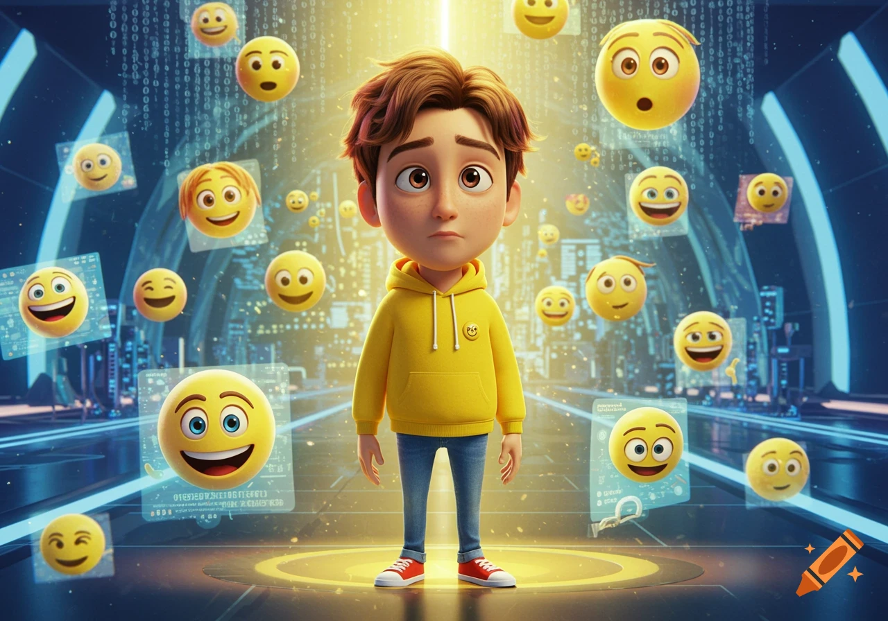A 3D animated boy in a yellow hoodie stands in a glowing digital space, surrounded by various emojis.