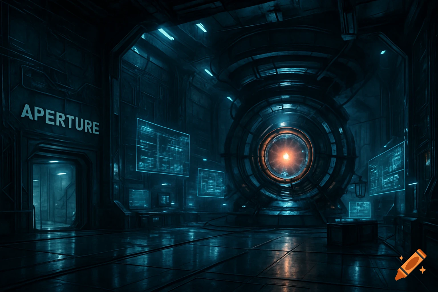 A dark, futuristic science lab with a large glowing core and holographic screens, featuring the word 'APERTURE' on a wall.