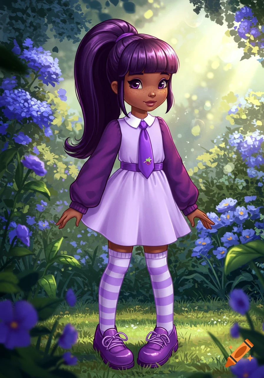 A cartoon girl with dark skin, purple hair in a high ponytail, wearing a  light purple dress with a dark purple sweater and tie, striped socks, and  purple shoes, stands in a, image size:896x1280