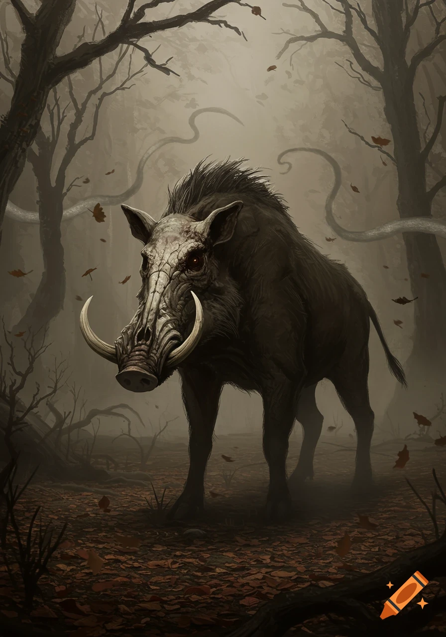 A monstrous boar with a skull-like face, glowing red eyes, and large tusks stands in a misty, dark forest with fallen leaves.