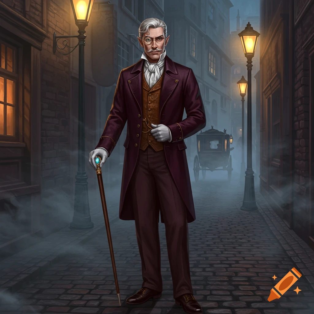 Distinguished man with white hair, monocle, and cane in a dark, foggy Victorian street with gas lamps and a carriage.