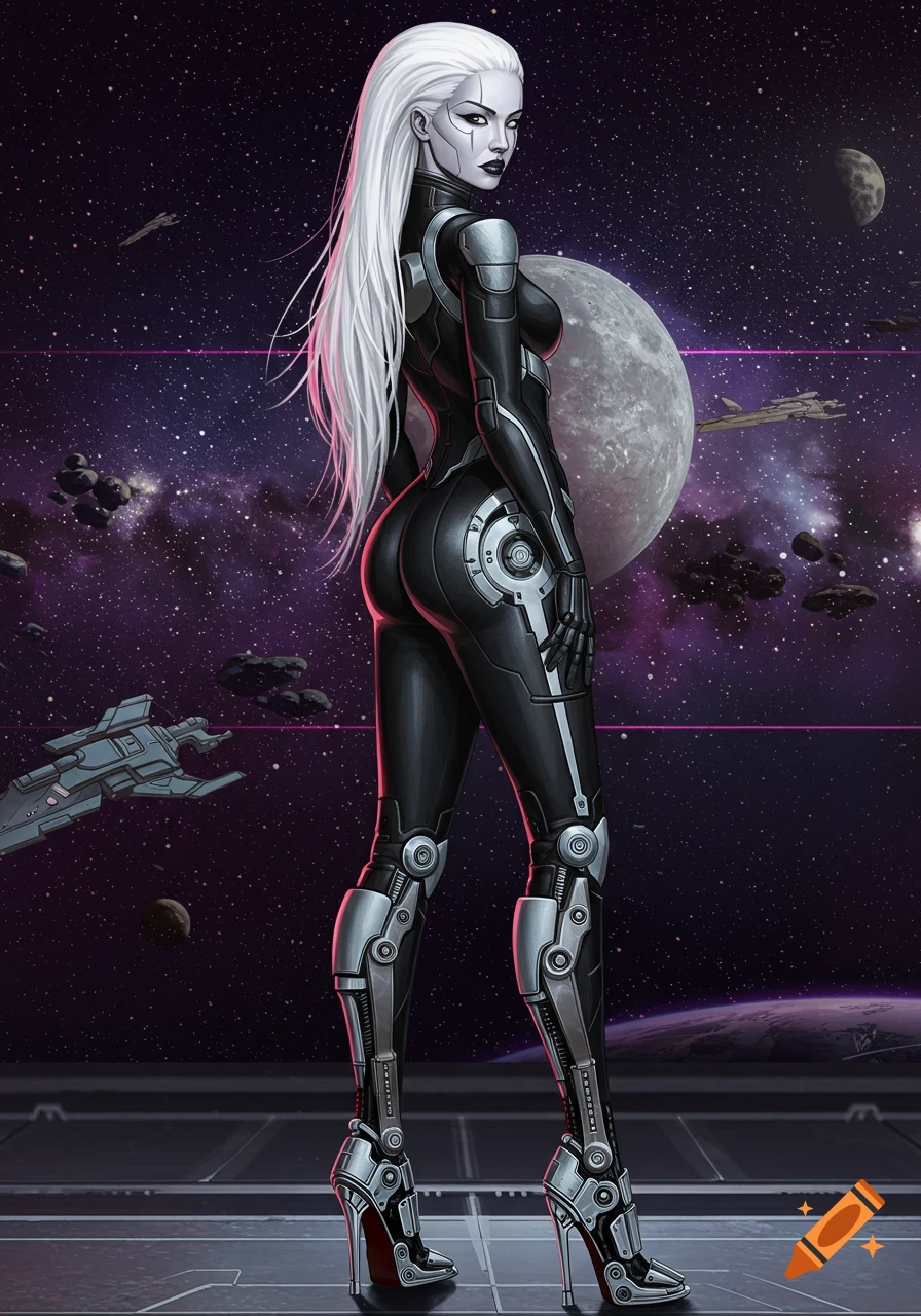 A white-haired female space bounty hunter in a black and silver sci-fi suit with robotic stiletto legs stands on a platform overlooking space with planets and ships.