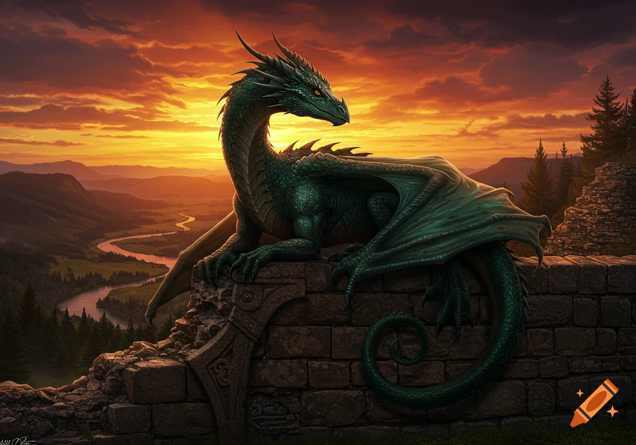 A majestic green dragon sits atop a stone wall, gazing over a vast valley and winding river at sunset.