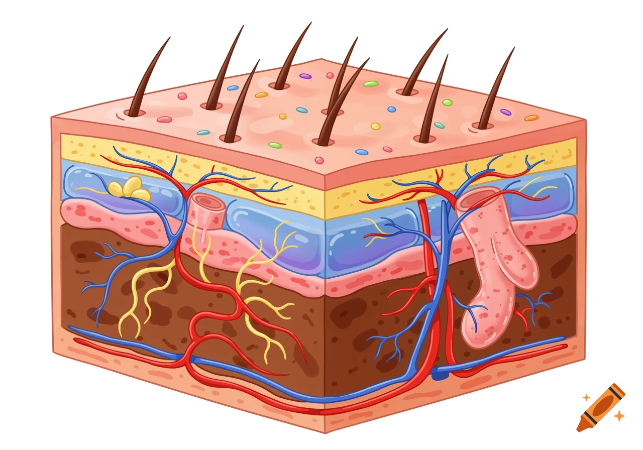 Cartoon diagram illustrating layers of human skin with hair, blood vessels, nerves, and sweat glands.