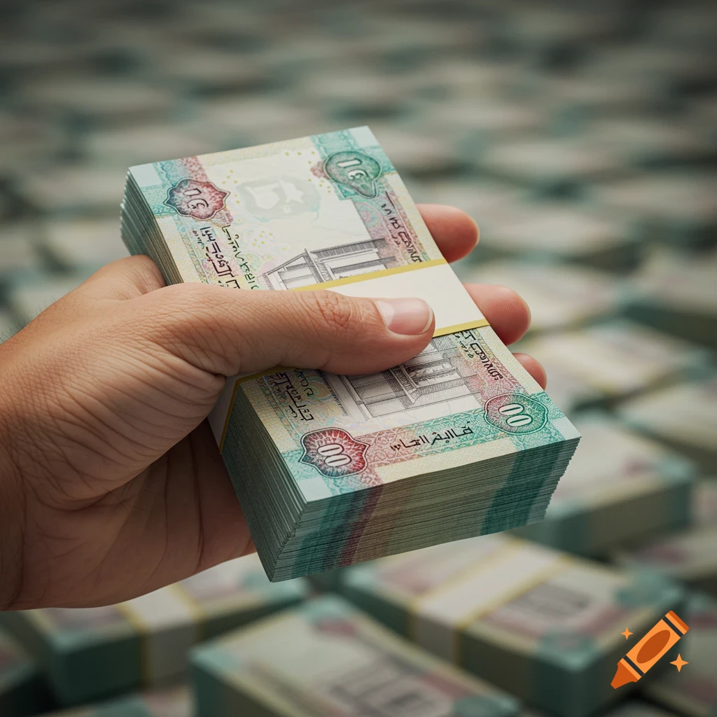 A hand holds a thick stack of UAE dirham banknotes with more stacks in the blurry background.