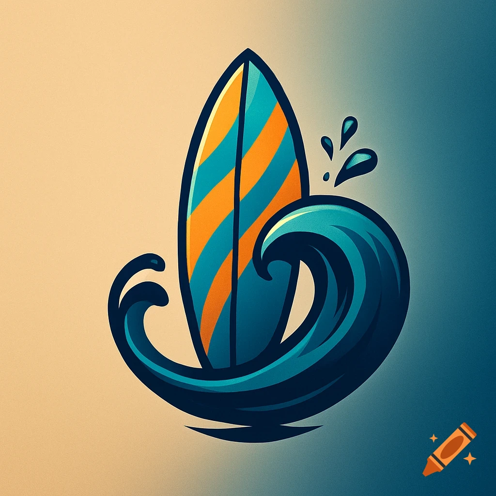 A stylized logo featuring an orange and blue striped surfboard in a breaking wave.