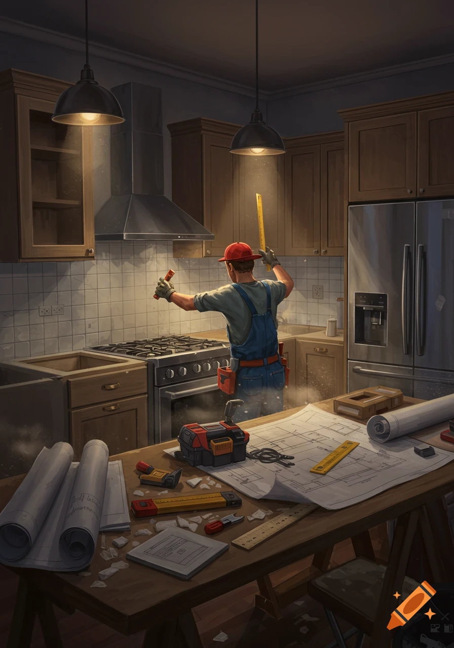A man in overalls and a red cap works on a kitchen remodel, holding tools and surrounded by blueprints and renovation debris.