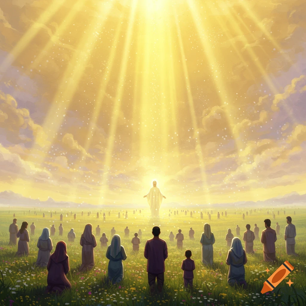 A spiritual illustration of a luminous figure in a field, with a crowd of people kneeling and looking towards bright light from the sky.
