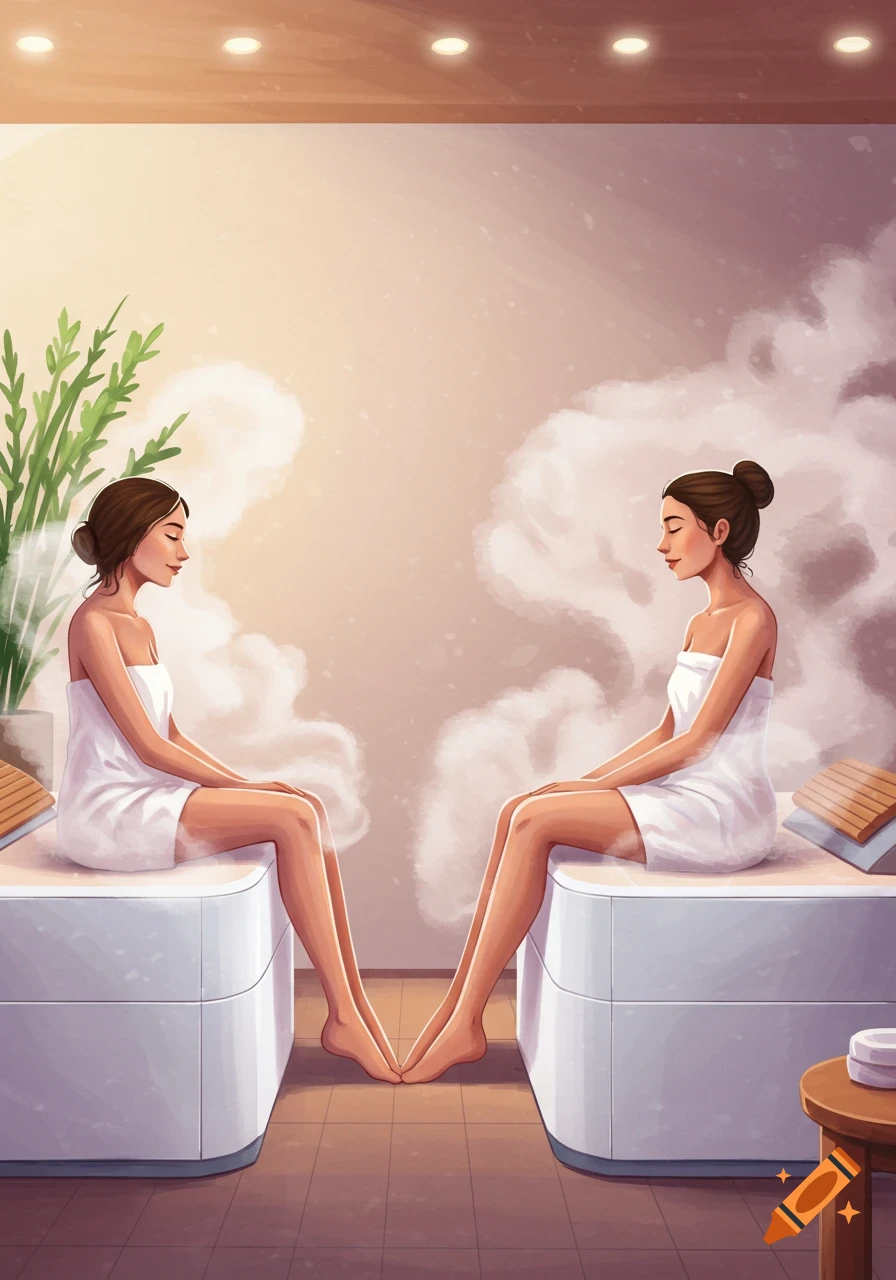 Two women sit in white spa boxes with steam around them in a warm-toned illustrated style.