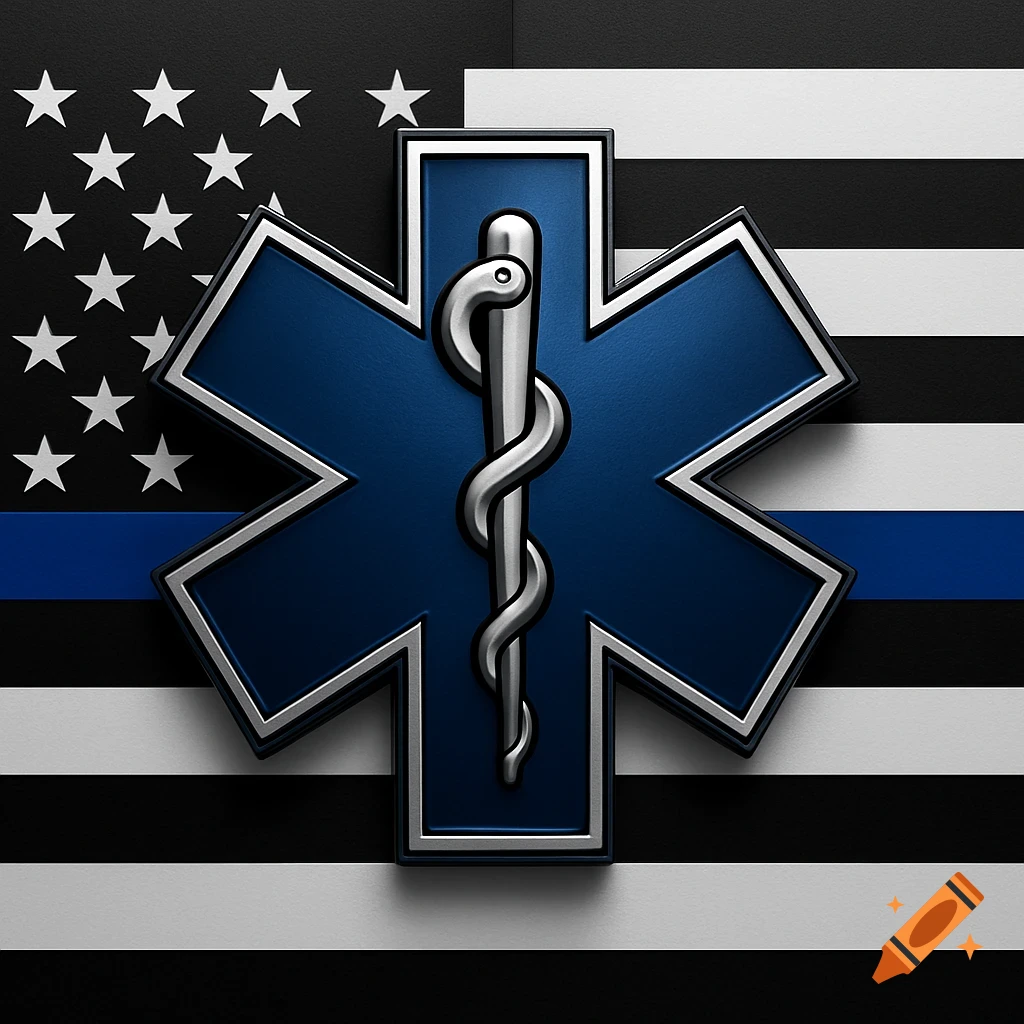A 3D blue Star of Life emblem centered over a Thin Blue Line American flag.