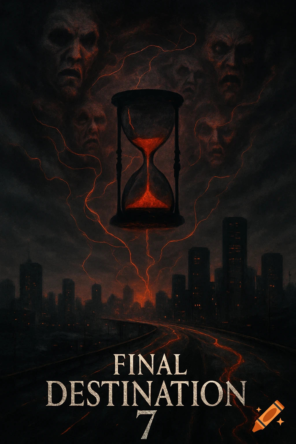 A dark, ominous movie poster with an hourglass pouring red sand over a ruined city and demonic faces in the stormy sky. Text: FINAL DESTINATION 7.