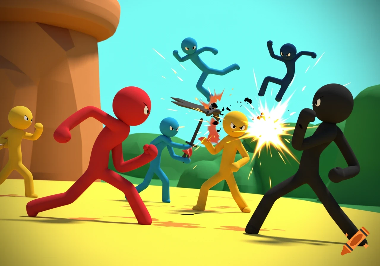 Colorful stick figures in a stylized fight scene, reminiscent of a 2000s animation screencap.