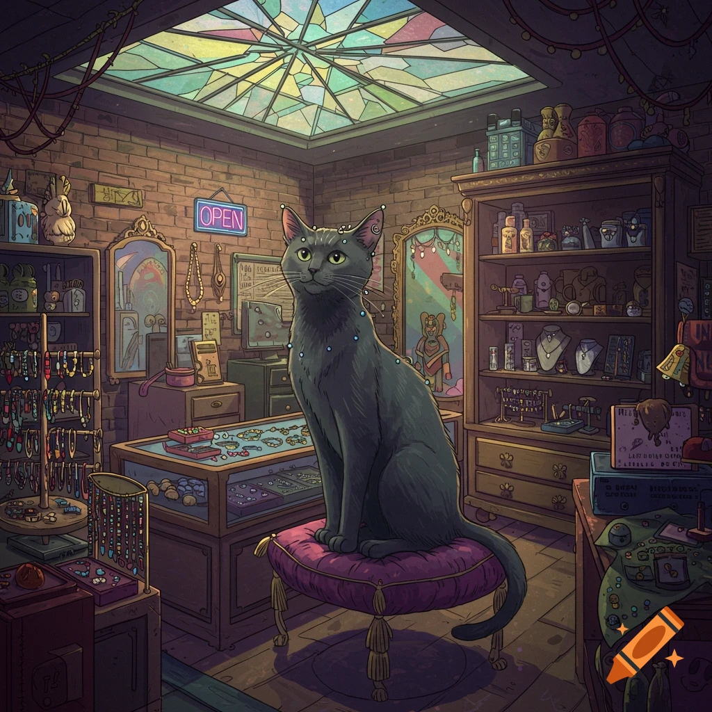 A stylized gray cat sits on a purple cushion in a detailed jewelry or piercing shop with a stained glass ceiling and an "OPEN" sign.