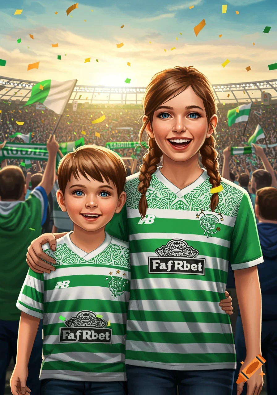 A smiling boy and girl in green and white striped football jerseys stand in a stadium with cheering fans and confetti.
