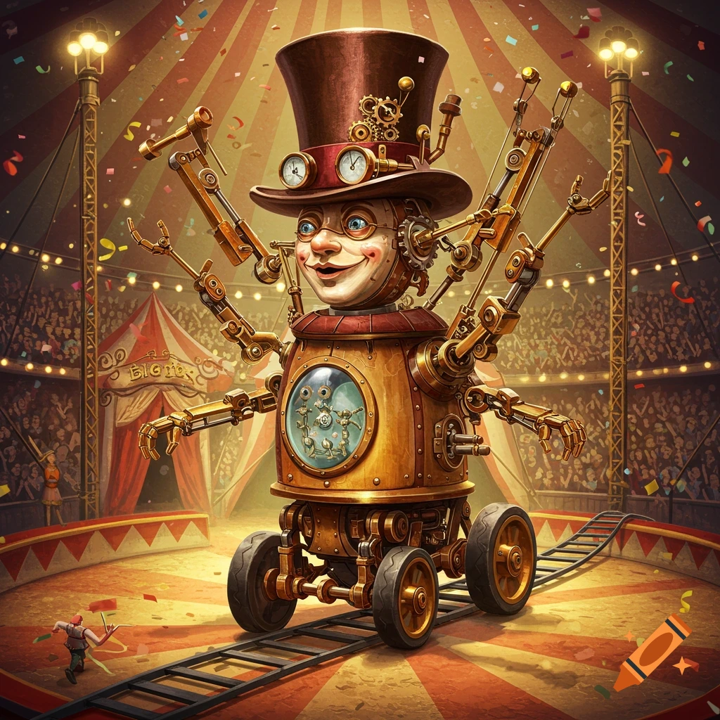 A smiling steampunk robot with a top hat and multiple mechanical arms stands on a track in the center of a bustling circus tent.