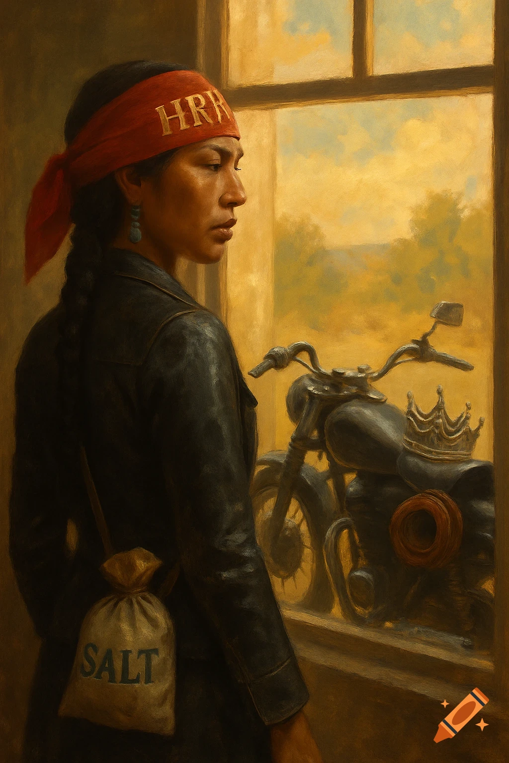 A painted portrait of a young Native American woman in a red bandana and black leather jacket, looking out a window at a motorcycle with a crown on its seat. She carries a small bag labeled "SALT."