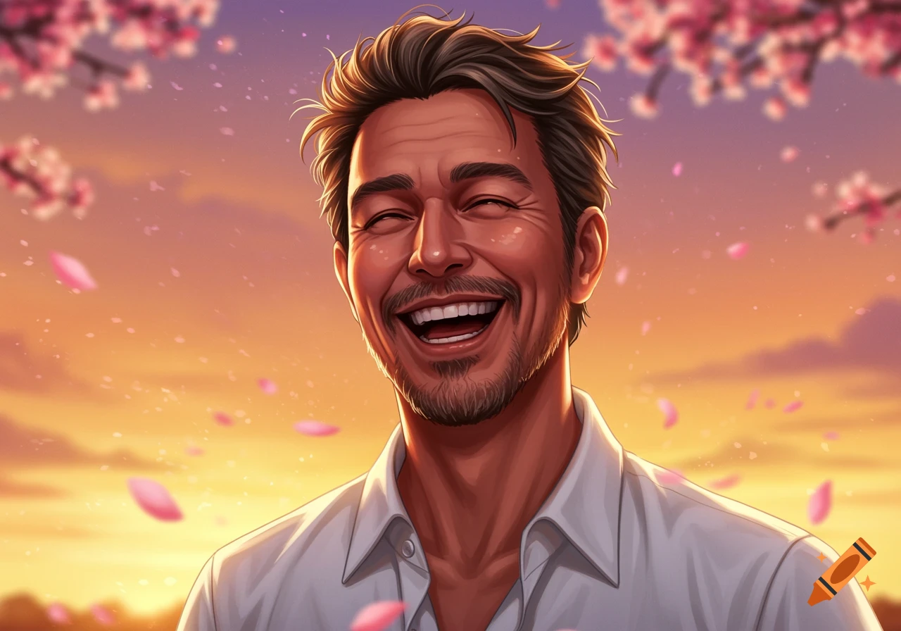 An illustrated portrait of a smiling man with a beard, set against a vibrant sunset sky with pink cherry blossoms and petals falling.