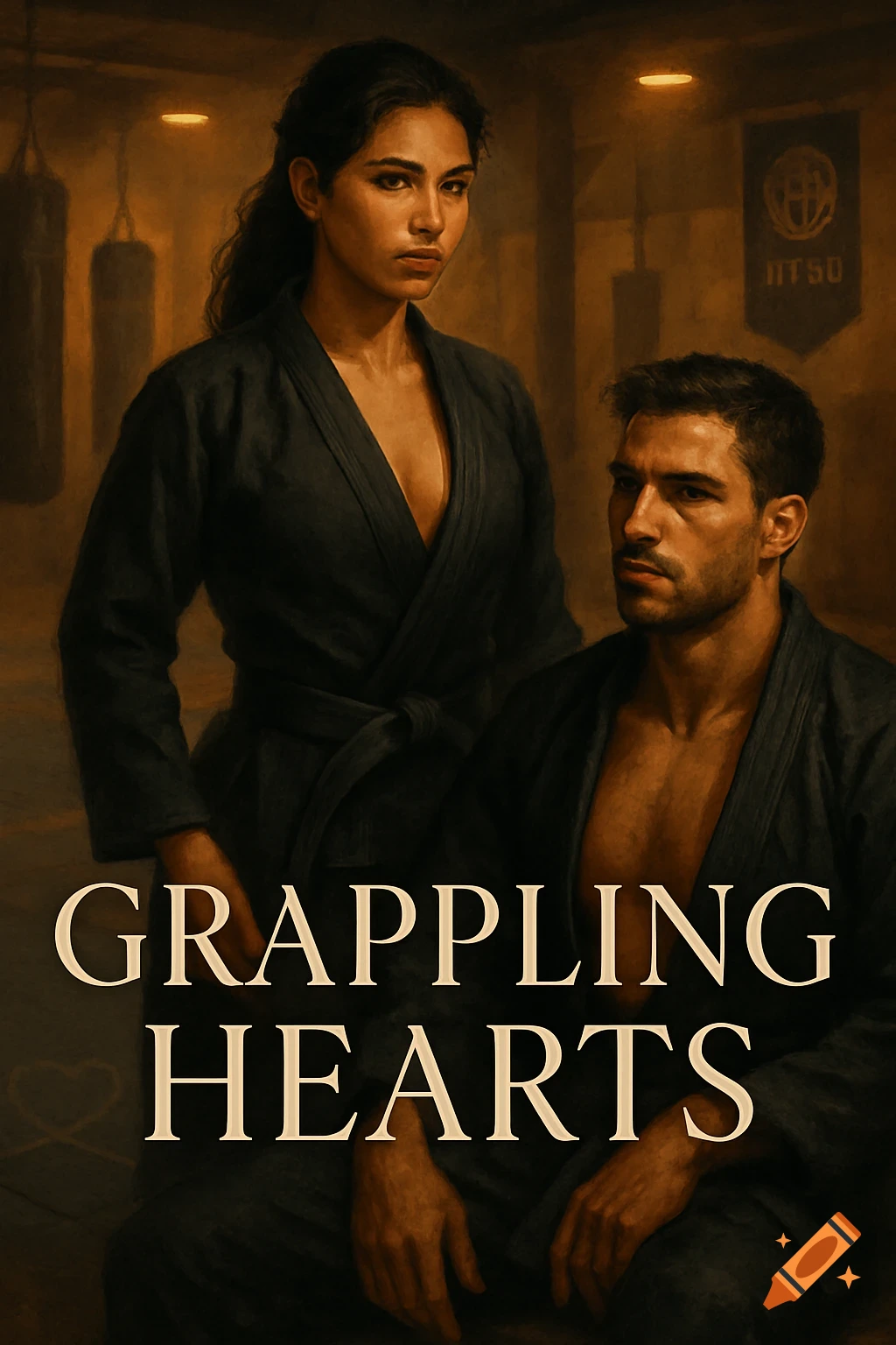 A painting of a man and woman in martial arts gis, in a dimly lit gym, with the title 'Grappling Hearts'.