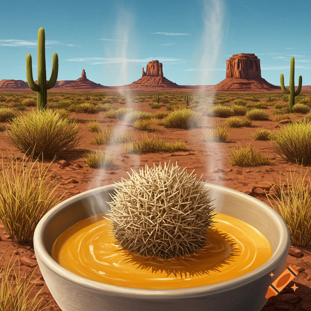 A tumbleweed floats in a bowl of orange soup in a desert landscape with mesas and saguaro cacti under a blue sky.