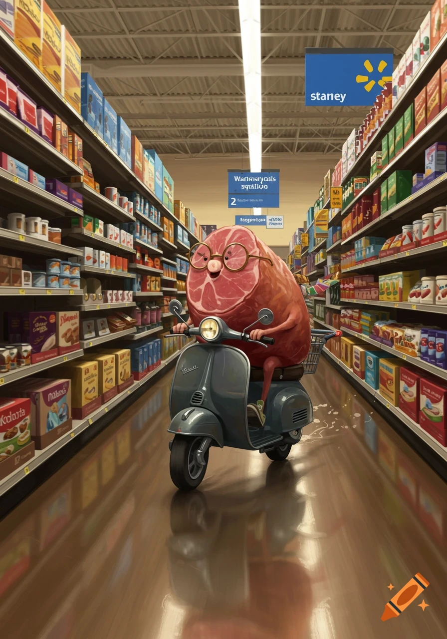 An anthropomorphic ham wearing glasses rides a gray scooter down a supermarket aisle in Walmart, past shelves of products.