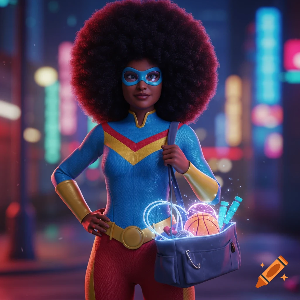 A Black female superhero in a blue and red suit, yellow belt, and afro stands in a neon city holding a bag with glowing sports equipment.
