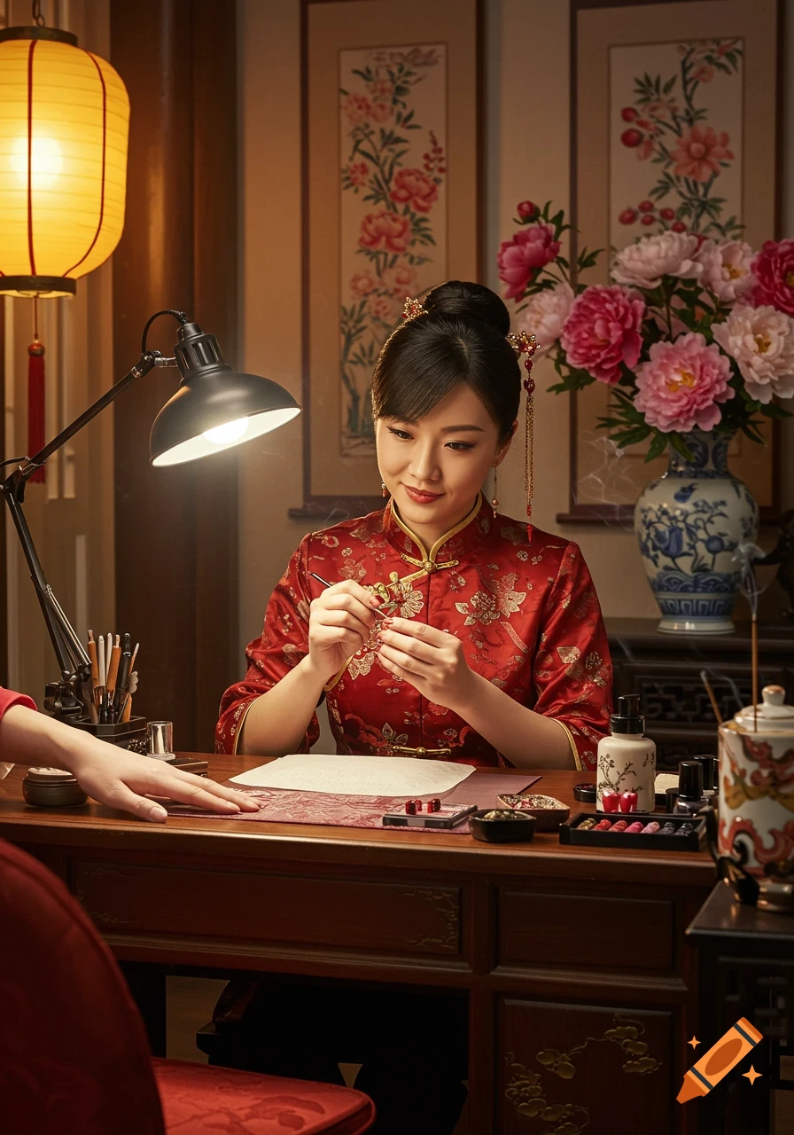 A Chinese woman in a red cheongsam meticulously works on nails at a wooden desk, illuminated by a lamp, photorealistic.