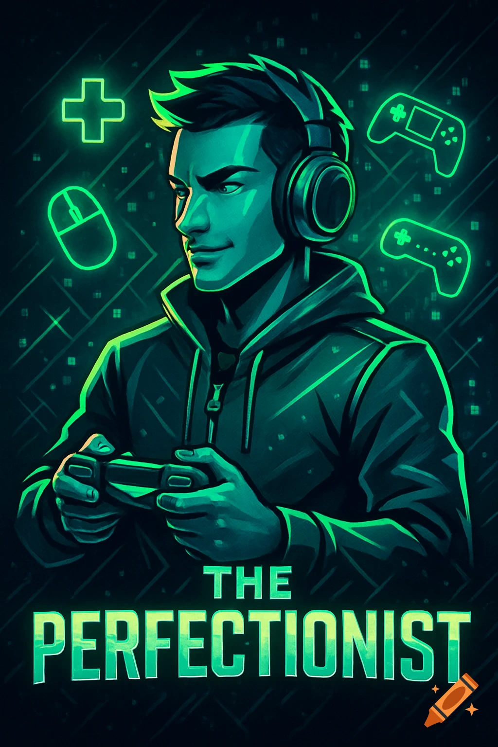Stylized neon green illustration of a male gamer with headphones holding a controller, surrounded by gaming icons and text "THE PERFECTIONIST" on a dark background.