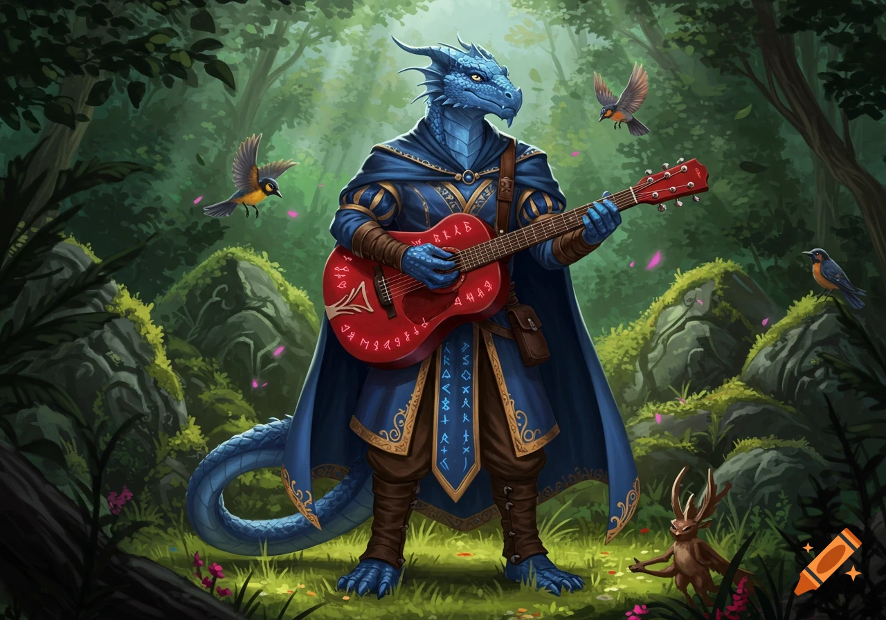A blue dragon-person in blue robes plays a red guitar in a magical forest with birds.