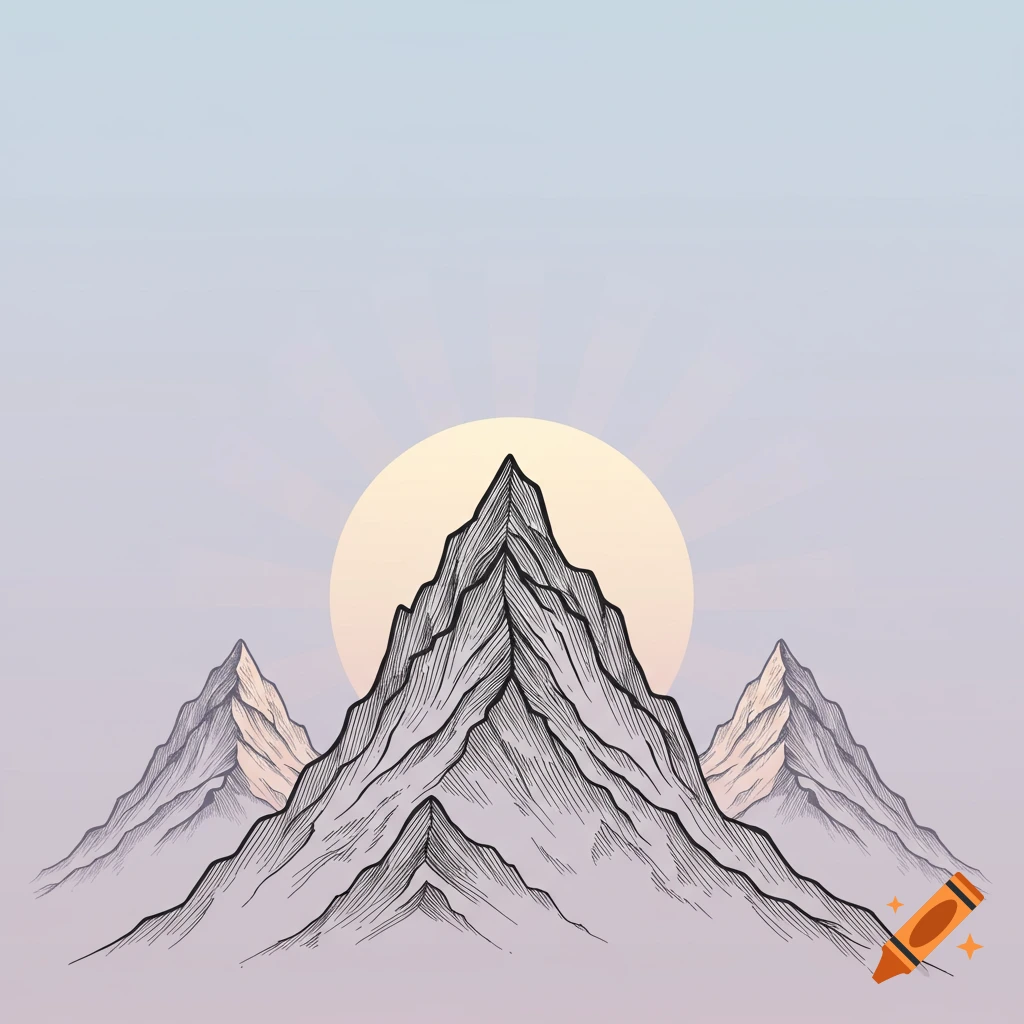 A line art illustration of three mountains with a large sun behind the central peak against a gradient sky.