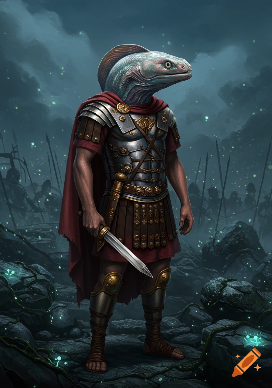 A fantasy digital painting of a Roman soldier with an eel head, holding a dagger, standing in a misty, dark landscape with glowing elements.