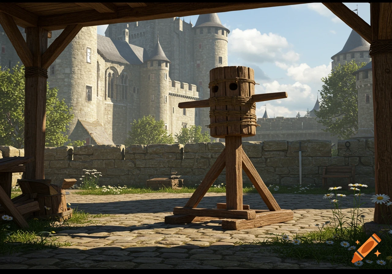 A photorealistic image of a wooden training dummy standing on cobblestones in a medieval castle courtyard with a stone wall and castle in the background.