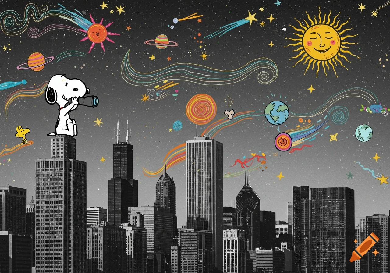 Snoopy looks through binoculars from a black and white Chicago skyscraper. Colorful planets, stars, and a smiling sun fill the whimsical, surreal sky.