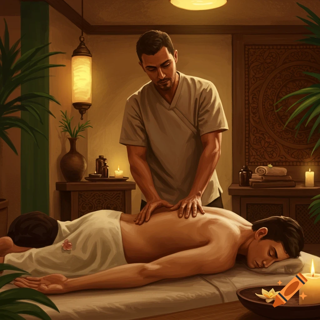 A man receiving a back massage from a therapist in a warm, dimly lit spa room with candles and plants.