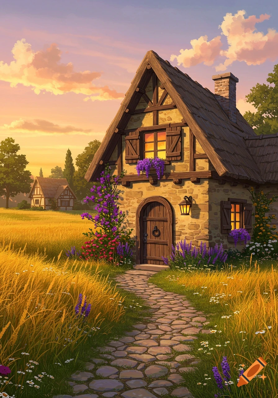 A whimsical stone cottage with a thatched roof, surrounded by a golden wheat field and purple flowers, under a sunset sky.