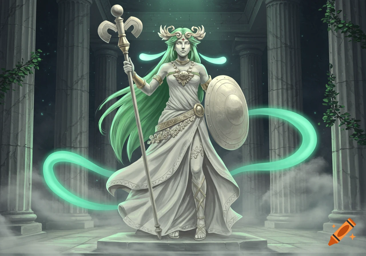 A marble statue of a goddess with long green hair, holding a staff and shield, stands among Greek columns in a fantasy setting.