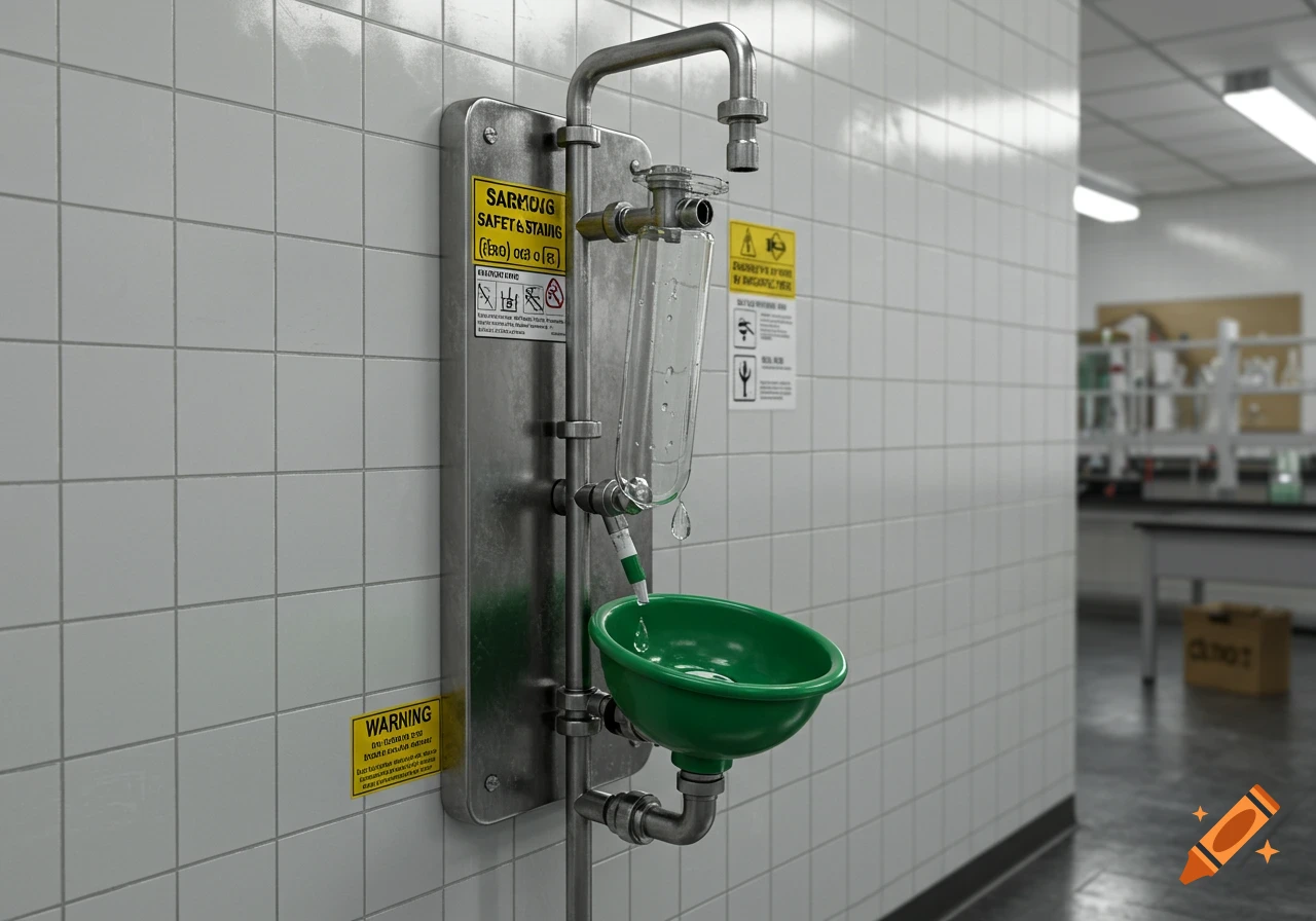A photorealistic image of a safety shower and eyewash station mounted on a tiled wall in a laboratory setting.