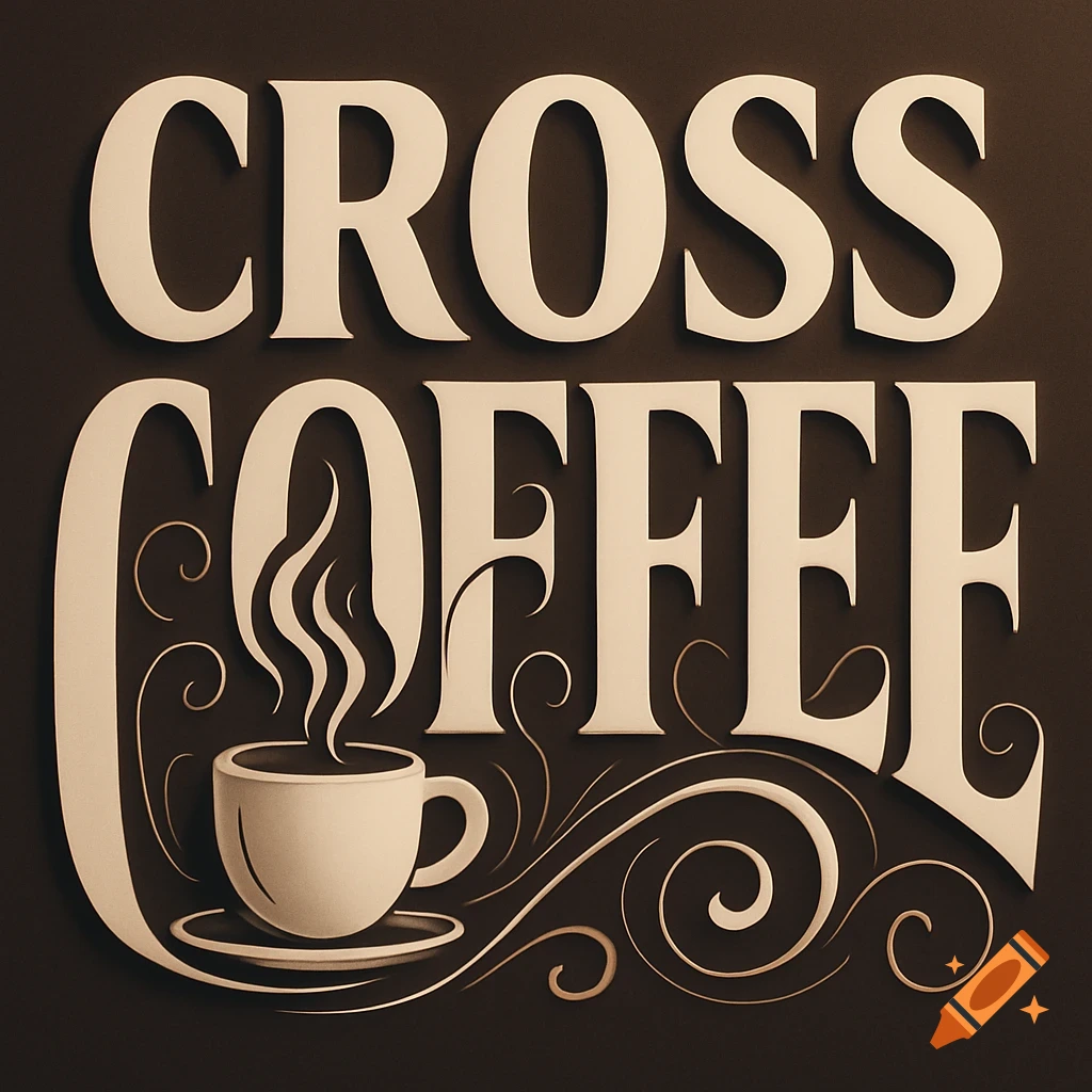 Stylized typography of 'CROSS COFFEE' with a coffee cup and decorative swirls in a brown and beige palette.