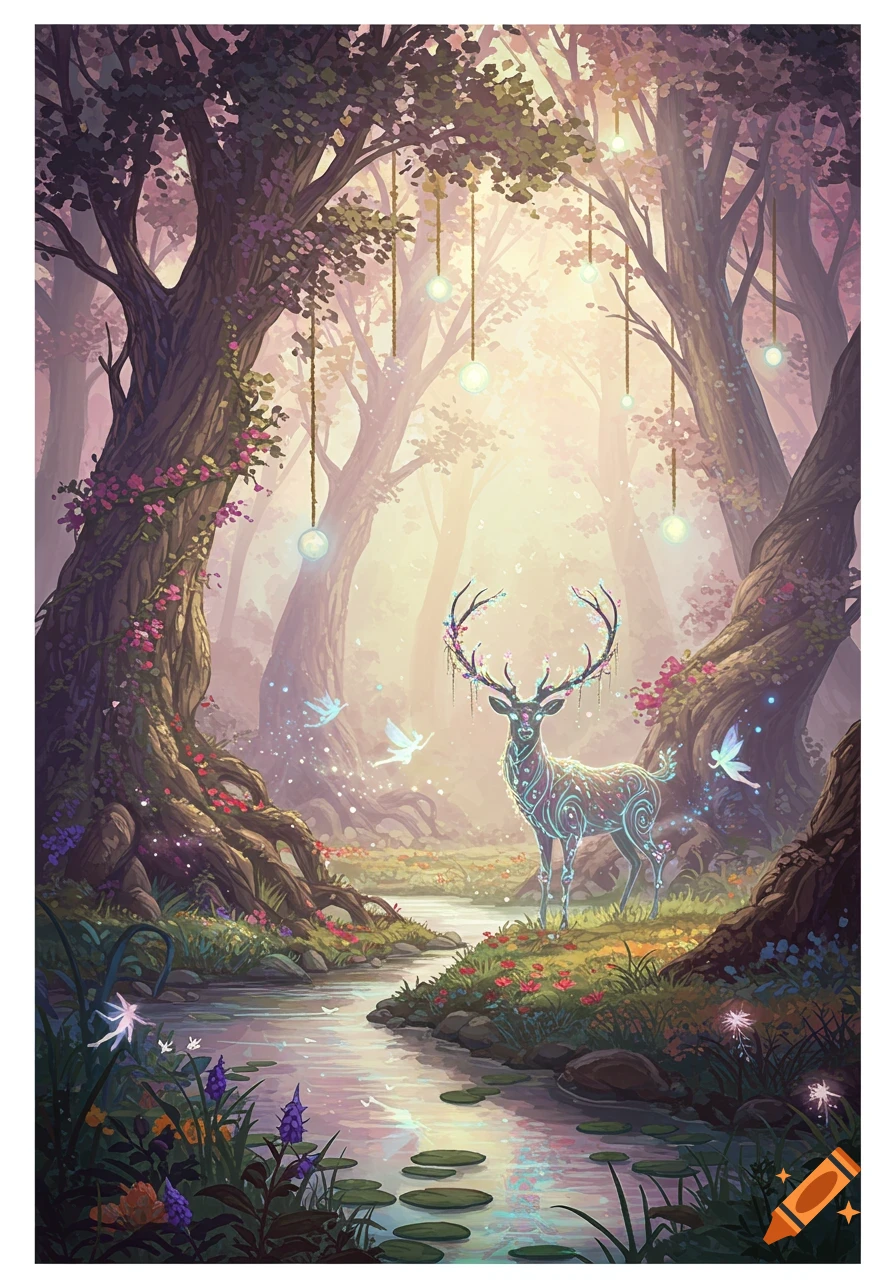 A glowing, ethereal deer stands by a stream in a mystical forest with fairies and hanging lanterns.