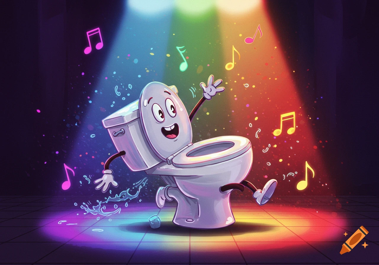A vibrant cartoon illustration of a happy toilet character dancing under colorful disco lights with musical notes.