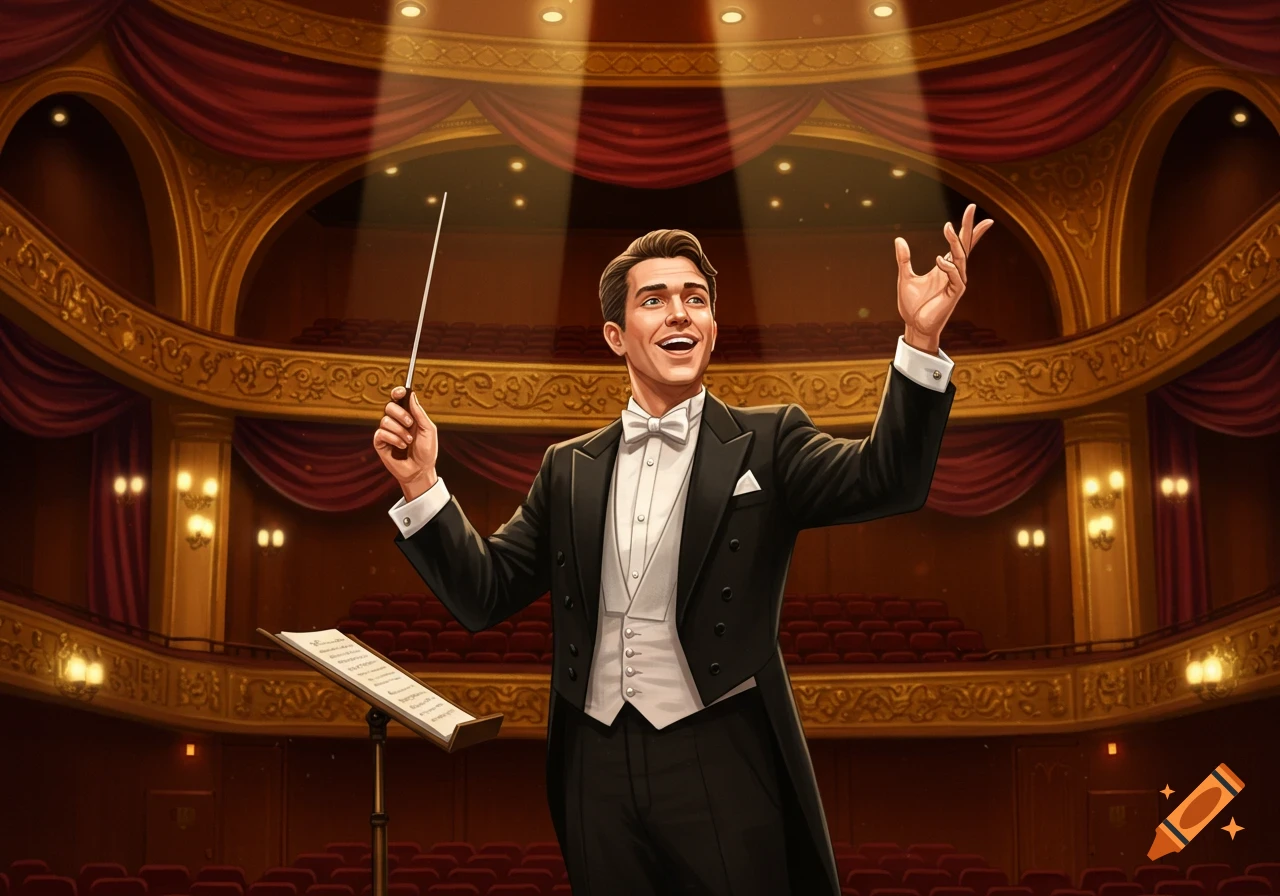 A smiling male conductor in a tuxedo gestures with a baton on stage in a grand opera house.