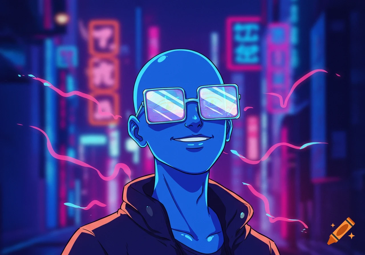 A blue, bald, cartoon anime character wearing large rectangular sunglasses smiles against a blurry neon cityscape.