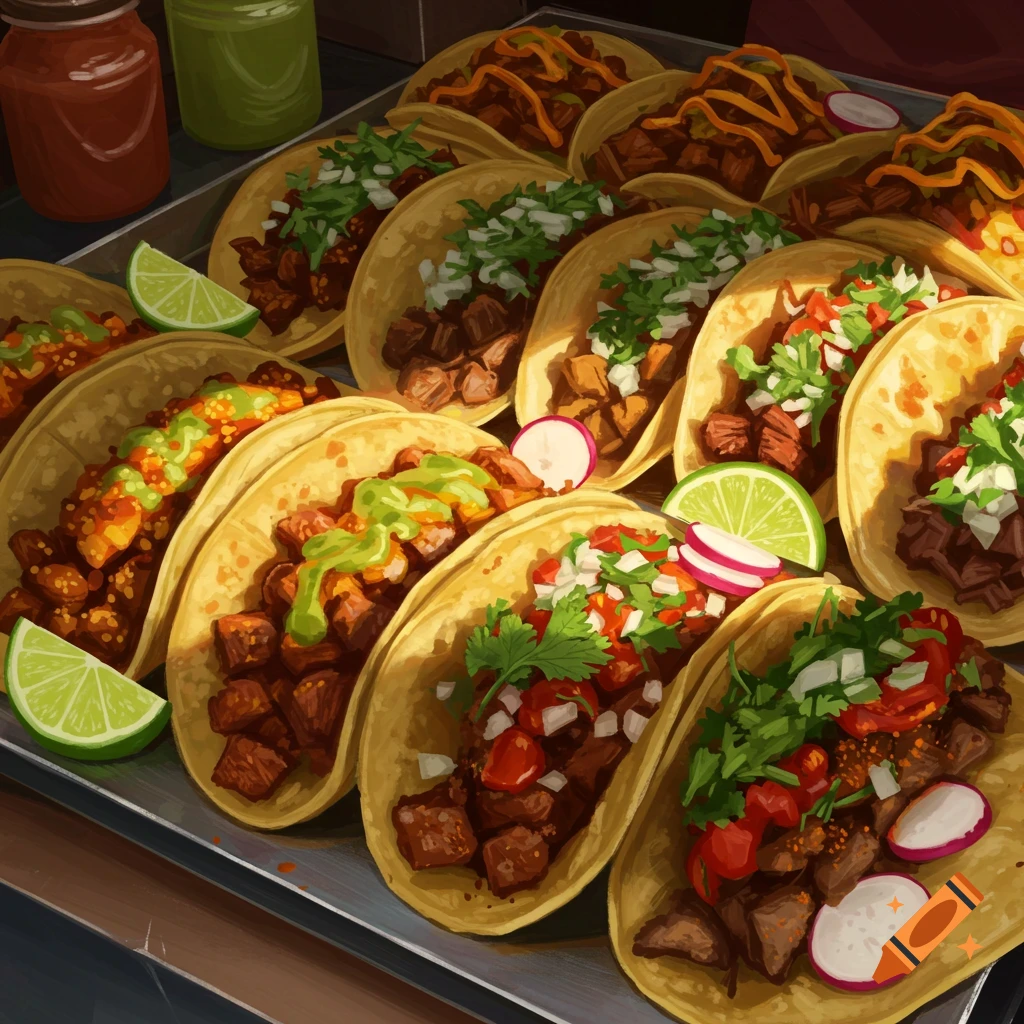 Close-up of many colorful tacos with various toppings like meat, onions, cilantro, and lime wedges on a metal tray, in a digital painting style.