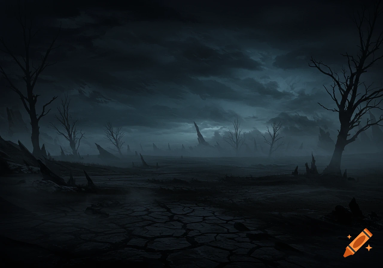 A dark, desolate landscape with bare trees and cracked ground under a gloomy, stormy sky, shrouded in mist.